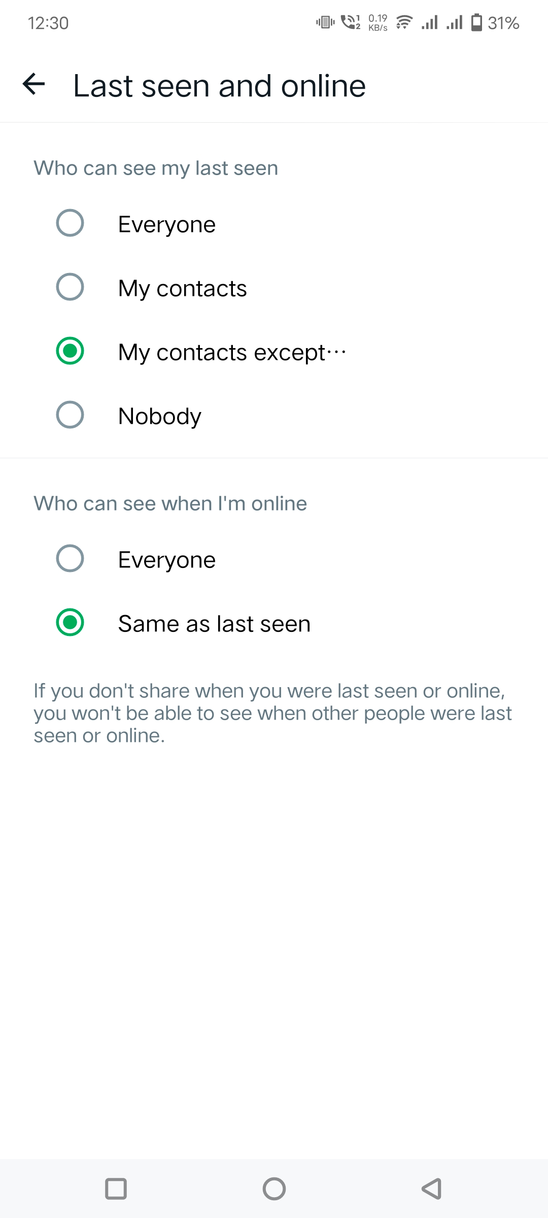 last seen and online setting in WhatsApp